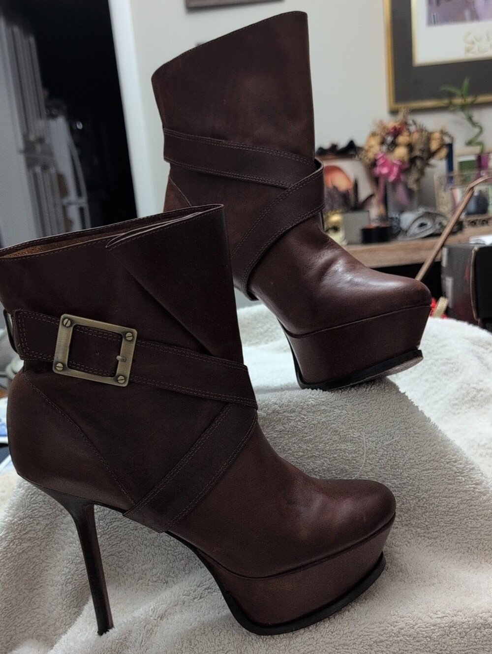 Rachel Zoe Dark Brown Leather Platform Ankle Boots with Buckle